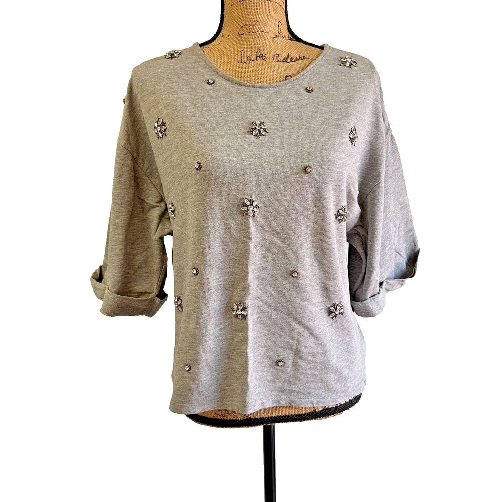 H&M Women's Gray Embellished Half Sleeve Distressed Sweatshirt Sz S